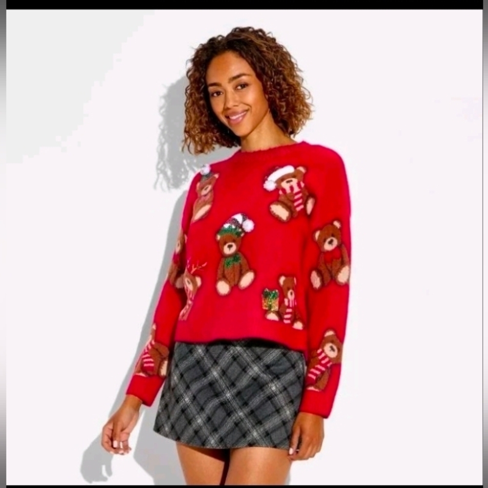 33 Degrees Women's Teddy Bear Print Festive Graphic Sweater - Red